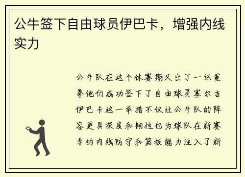 公牛签下自由球员伊巴卡，增强内线实力